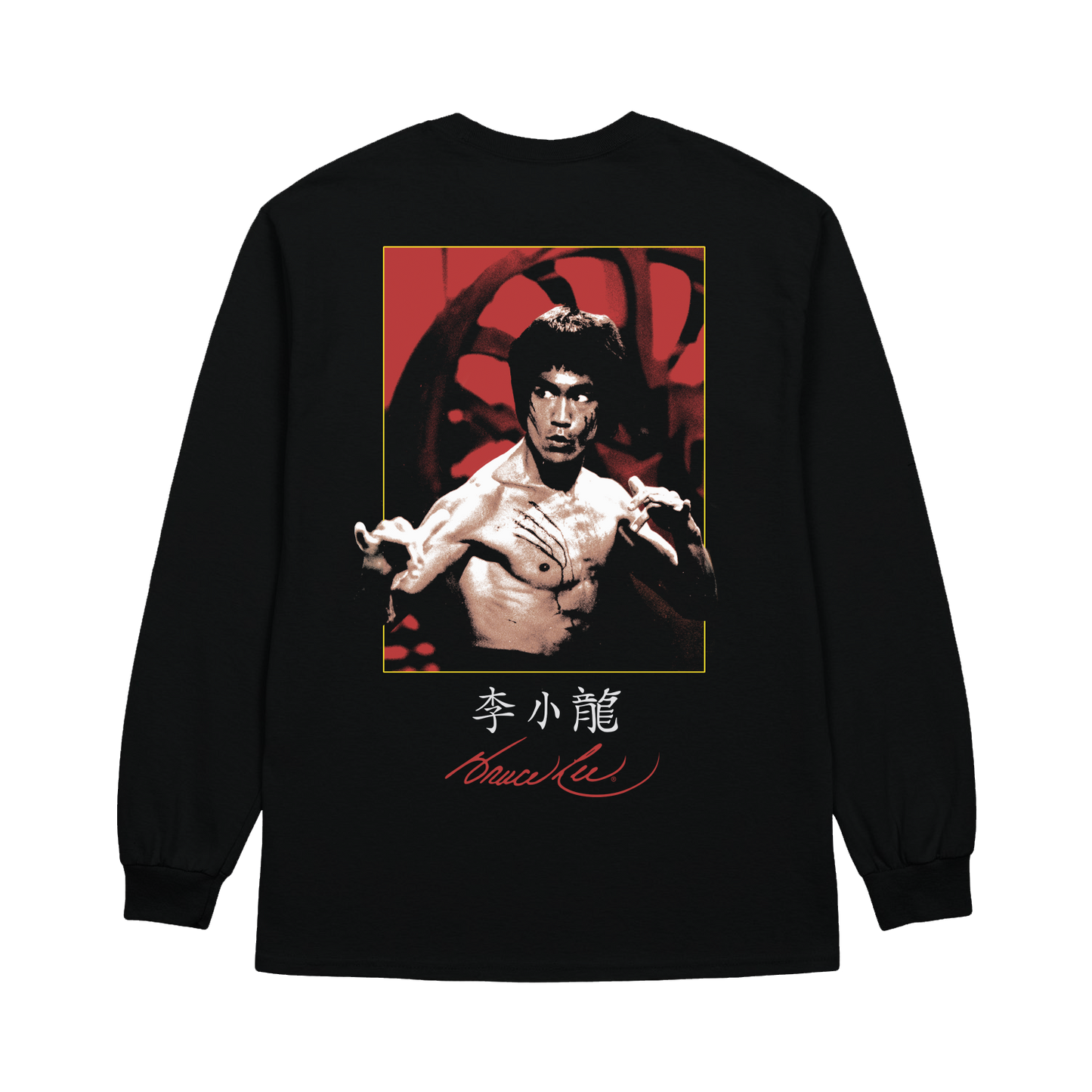 Black long sleeve shirt featuring Bruce Lee signature and martial arts icon image