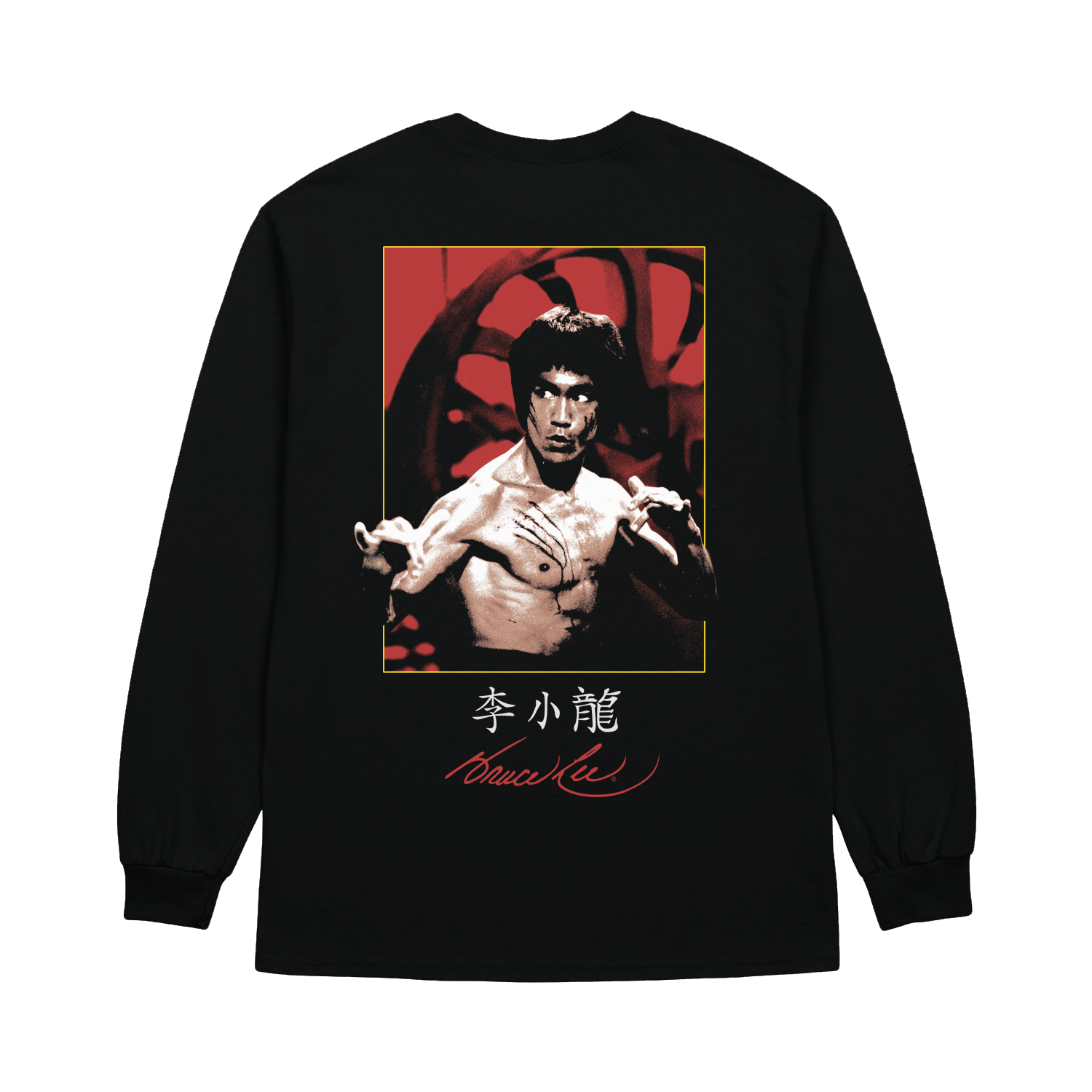 Black long sleeve shirt featuring Bruce Lee signature and martial arts icon image