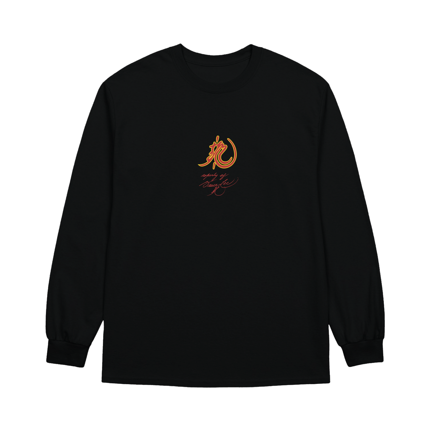 Black long sleeve Bruce Lee Signature Scratches Shirt with orange dragon graphic