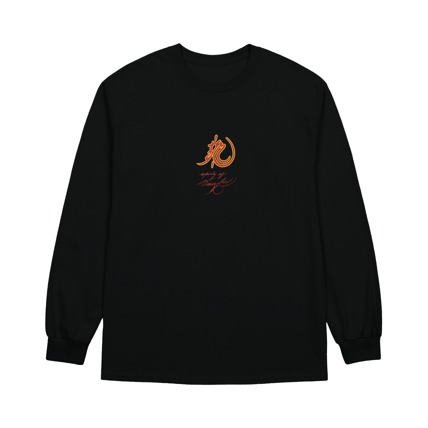 Black long sleeve Bruce Lee Signature Scratches Shirt with orange dragon graphic