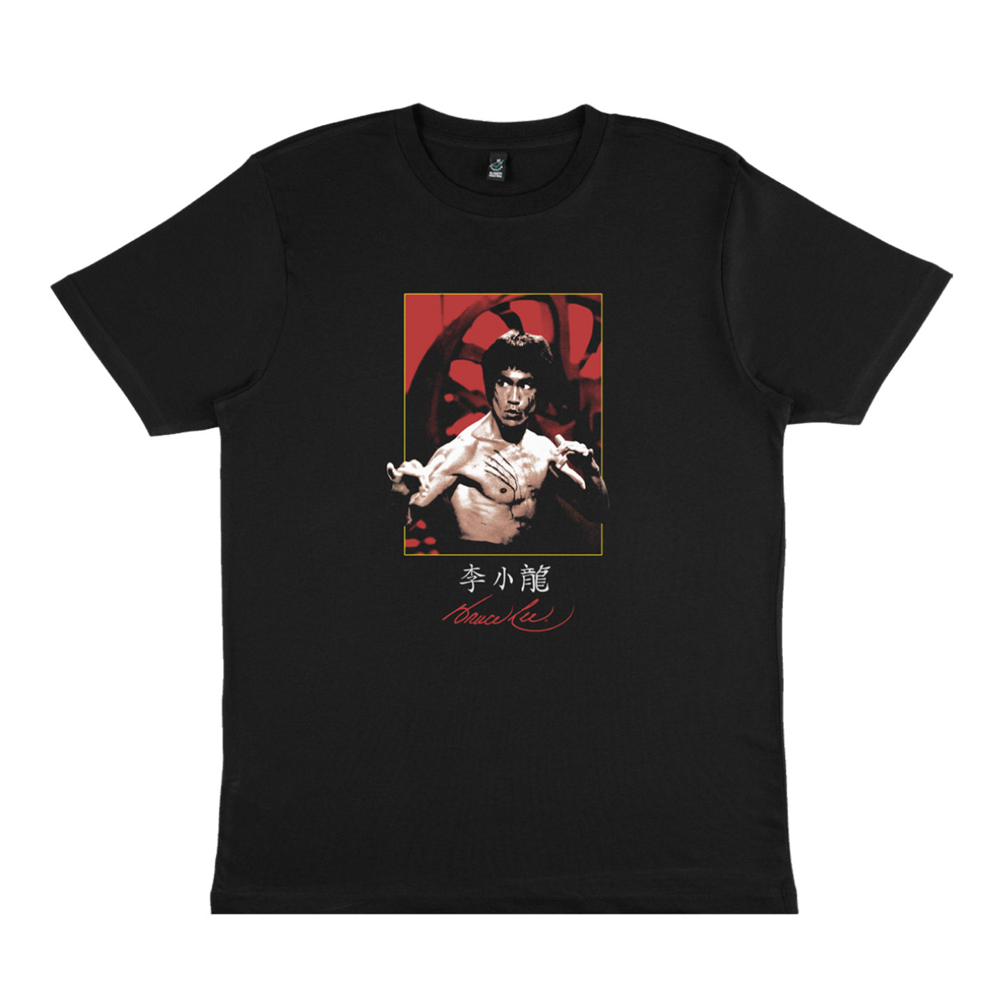 Black Bruce Lee Signature Scratches T-Shirt with martial arts icon on red background