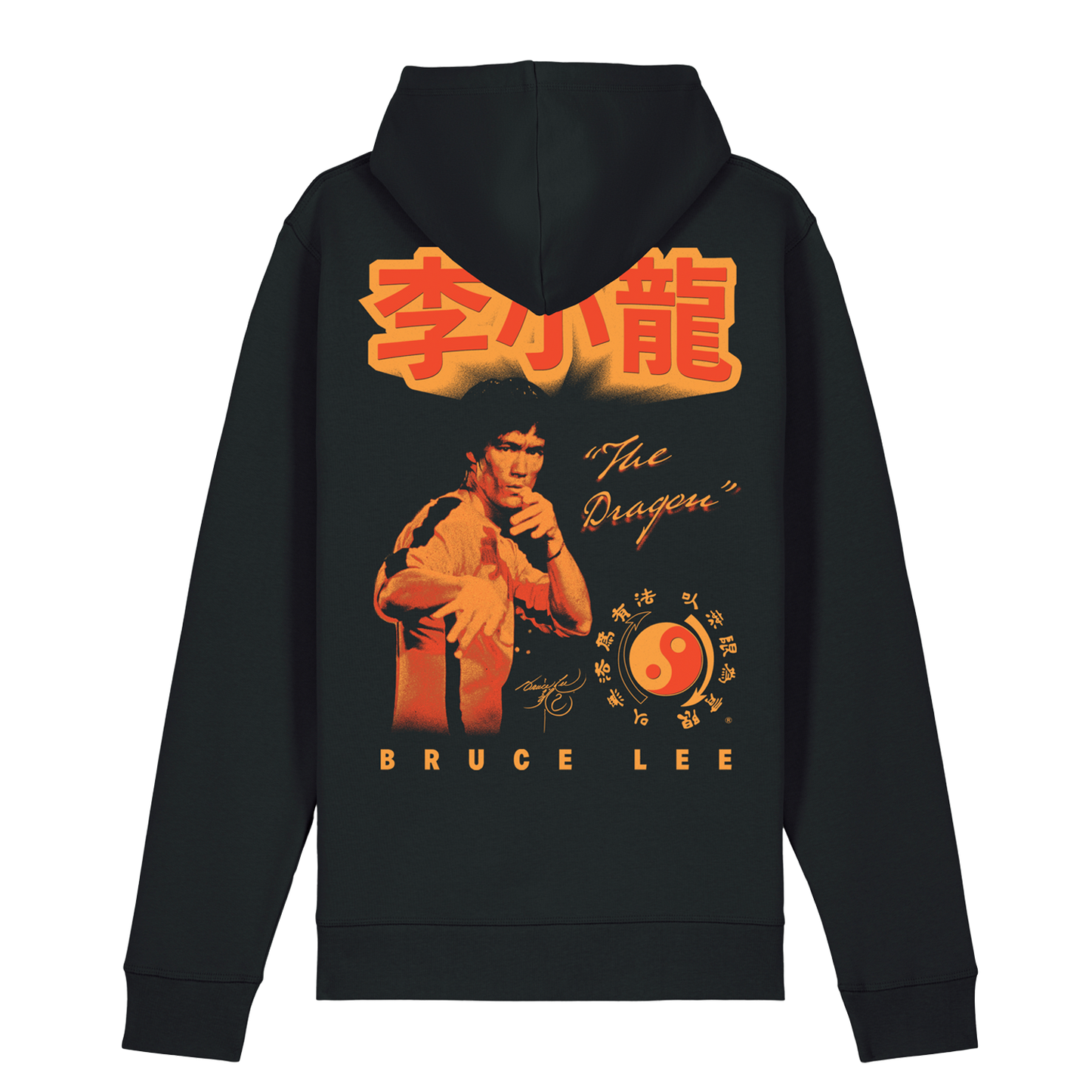 Black Bruce Lee The Dragon Pullover Hoodie featuring graphic design and Chinese characters