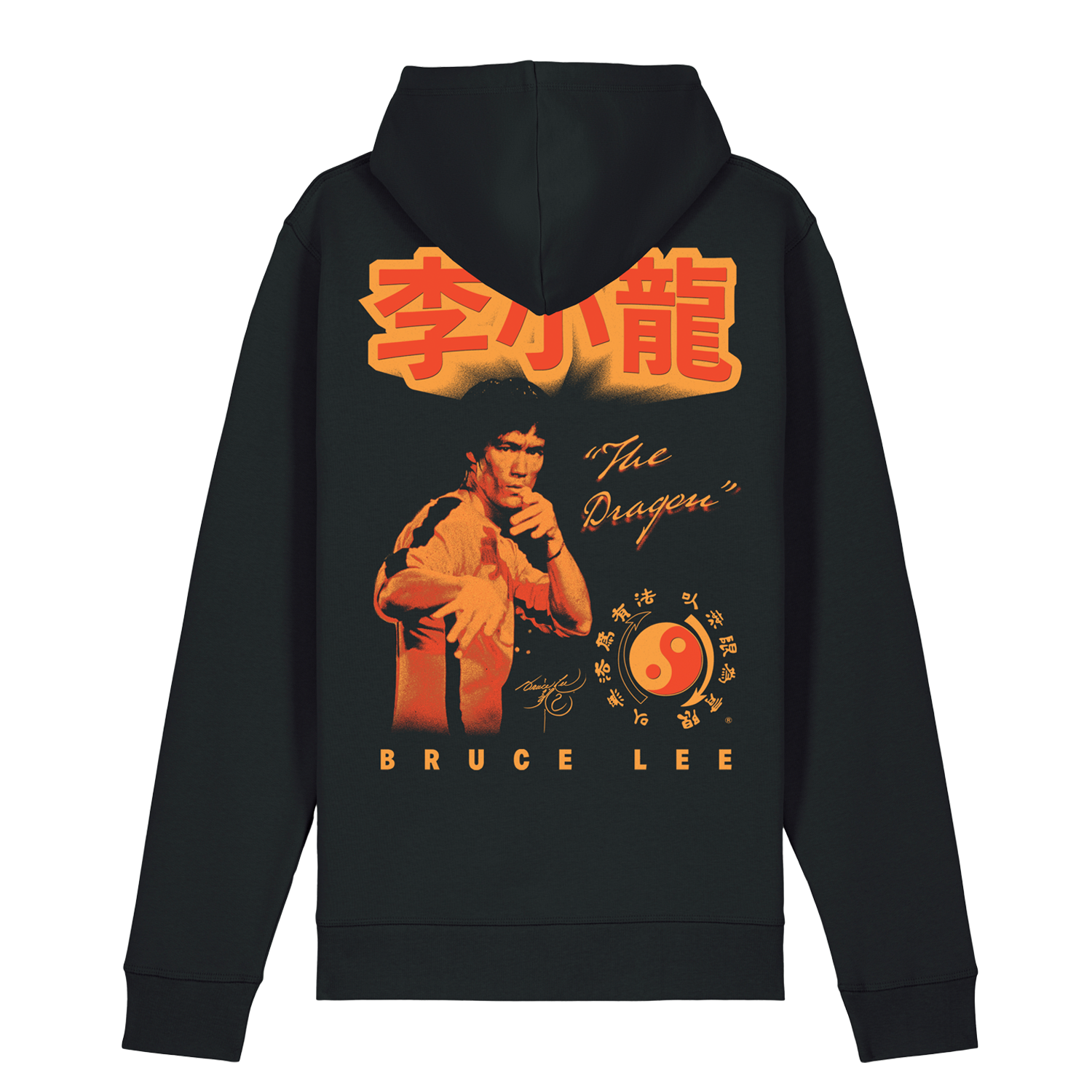 Black Bruce Lee The Dragon Pullover Hoodie featuring graphic design and Chinese characters