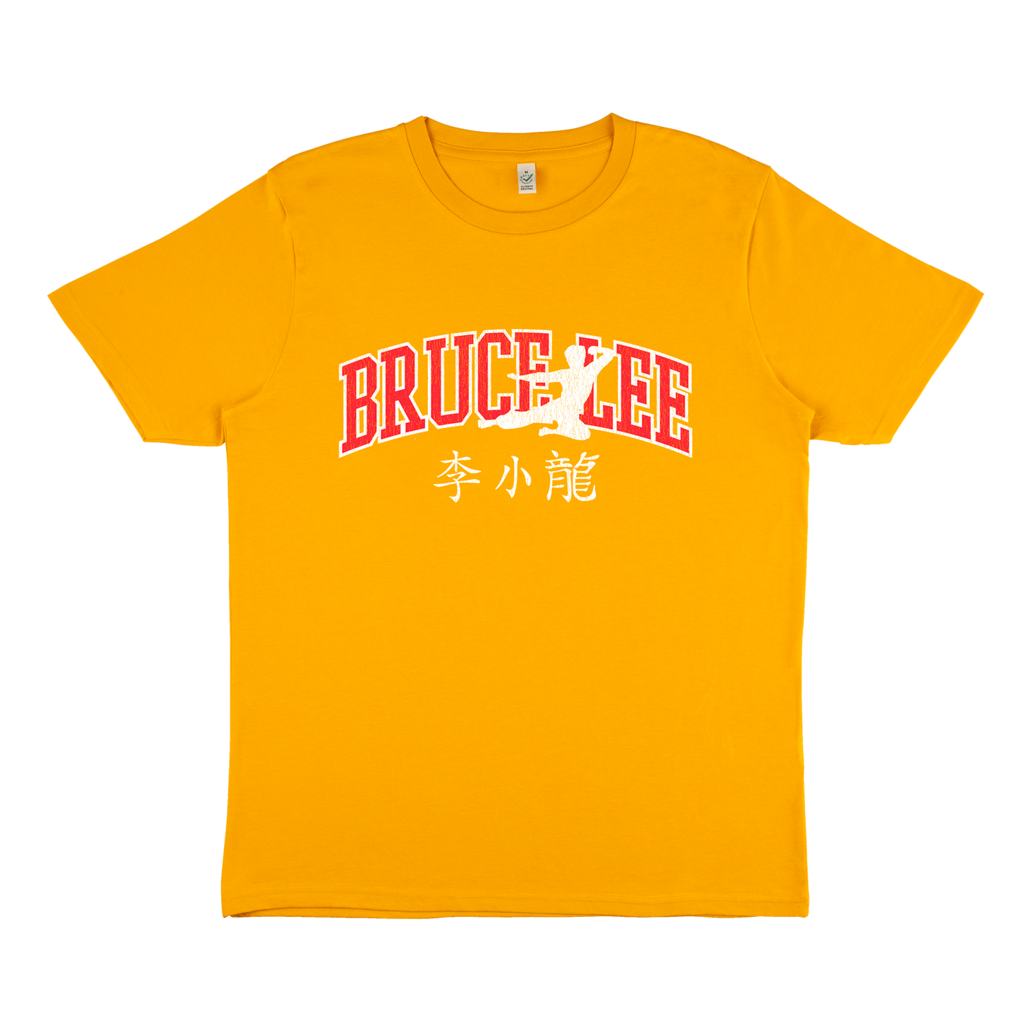 Bright yellow Bruce Lee Varsity Flying Man T-Shirt featuring Chinese characters