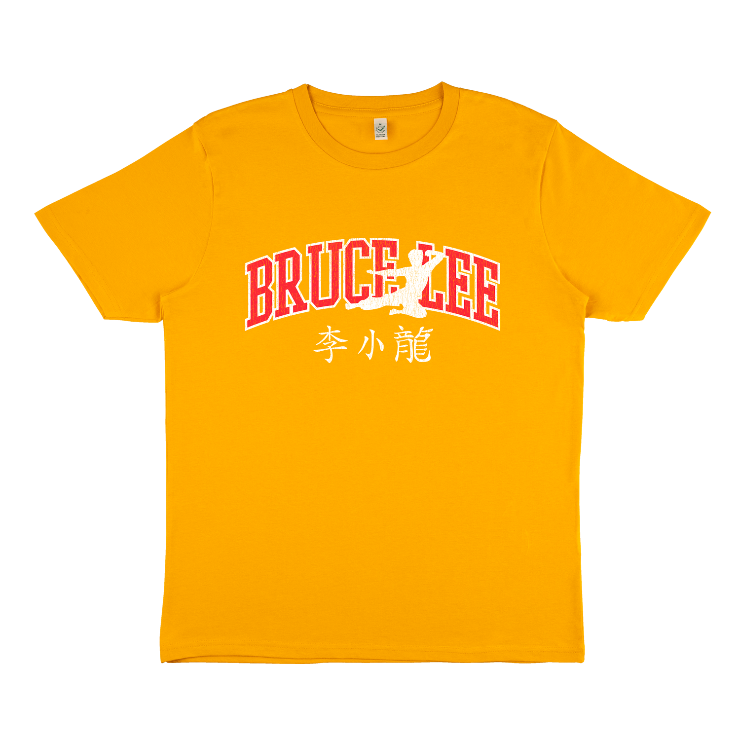 Bright yellow Bruce Lee Varsity Flying Man T-Shirt featuring Chinese characters