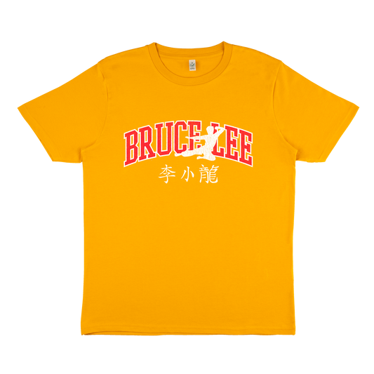 Bright yellow Bruce Lee Varsity Flying Man T-Shirt featuring Chinese characters