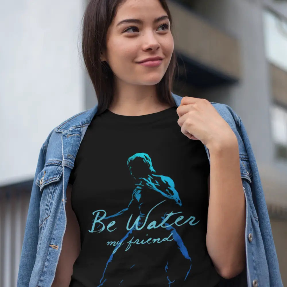 Black Be Water Pose T-Shirt featuring blue graphic design inspired by Bruce Lee