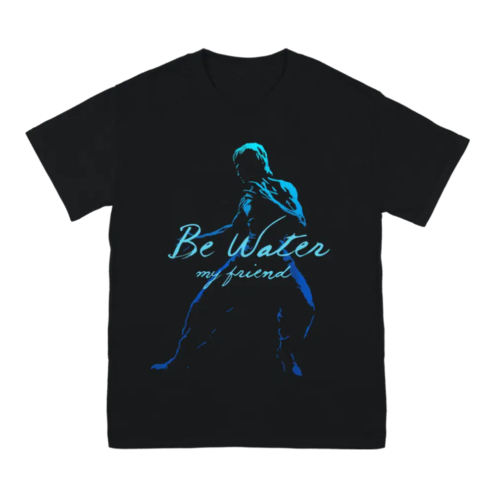 Black Be Water Pose T-Shirt featuring a blue silhouette inspired by Bruce Lee