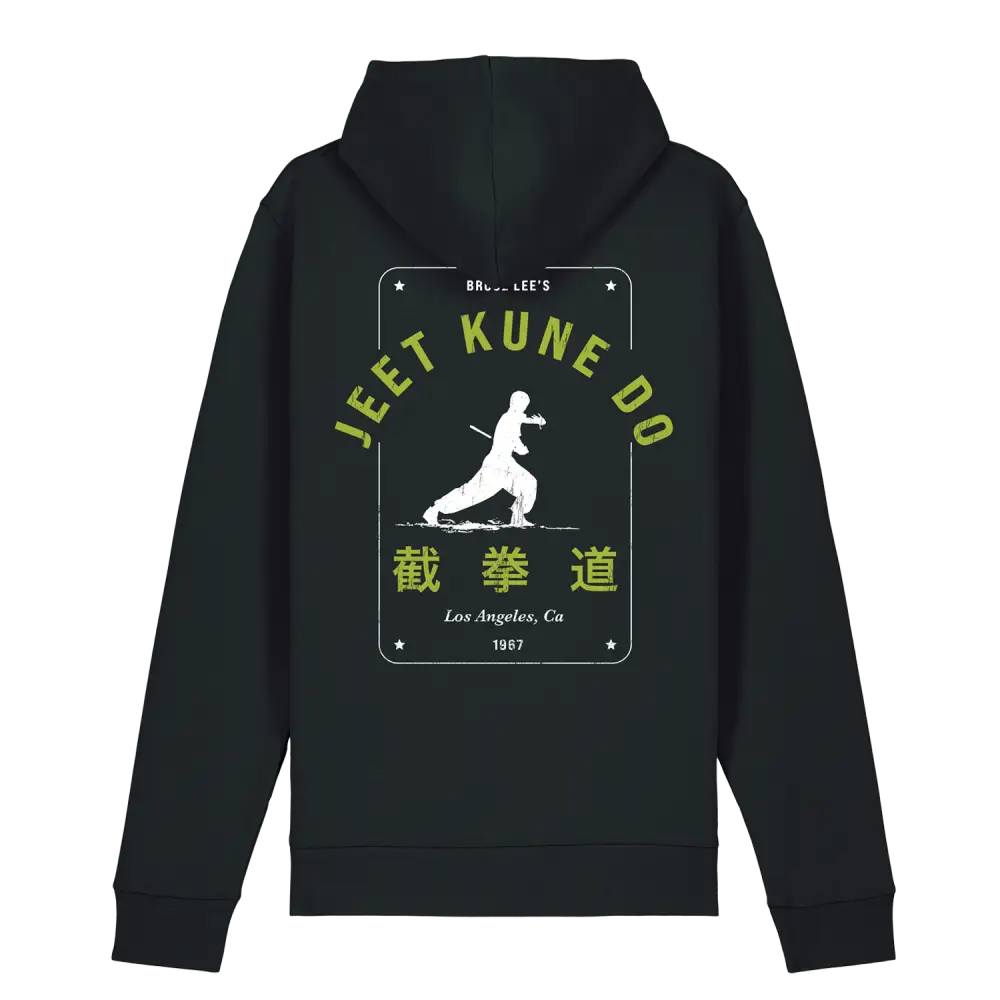 Black Bruce Lee Jeet Kune Do hoodie featuring a striking martial arts design on back