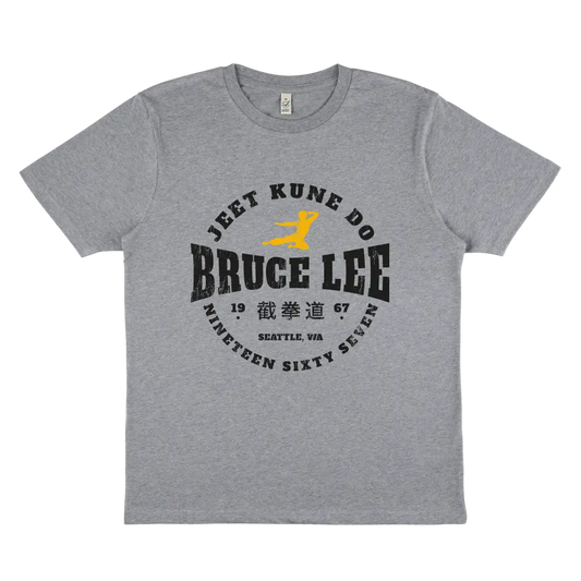 Gray Bruce Lee JKD Round Lockup T-Shirt featuring martial arts-themed design