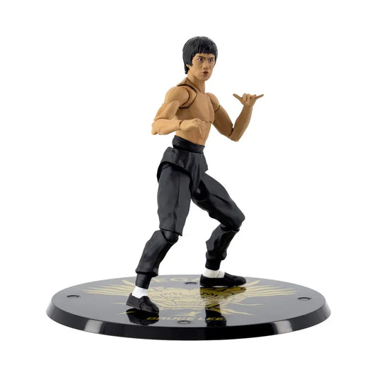 Bruce Lee Legacy 50th action figure in martial arts fighting stance on display base