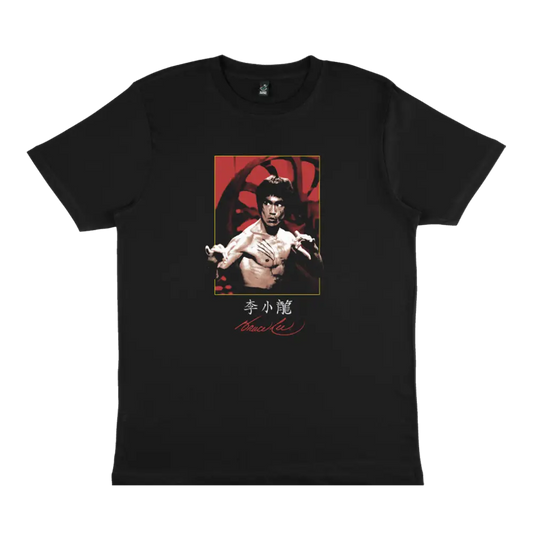 Black Bruce Lee Signature Scratches T-Shirt with martial arts icon on red background