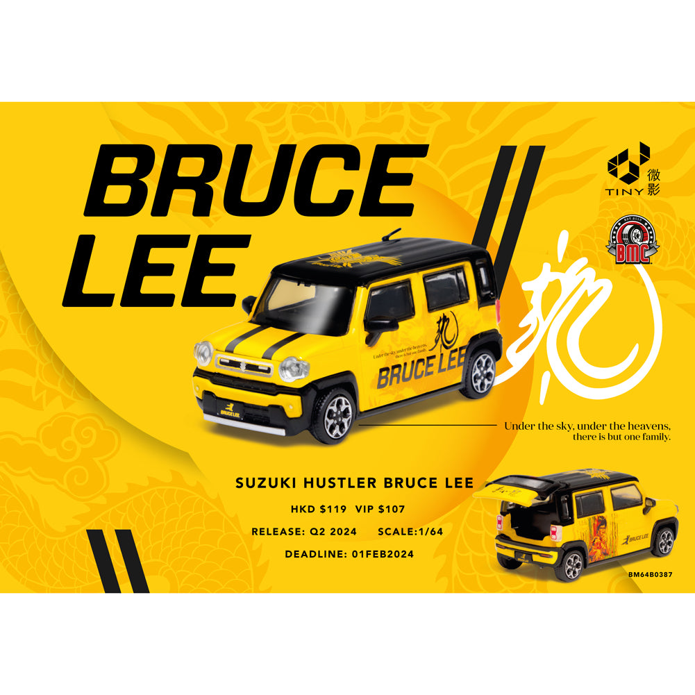 Yellow Suzuki Hustler toy car with Bruce Lee branding in BMC x TINY collection