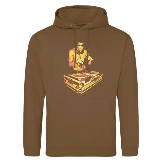 Brown hoodie featuring a golden DJ design inspired by Bruce Lee