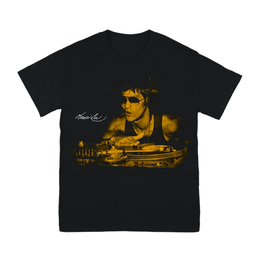 Black Bruce Gold T-Shirt showcasing yellow-tinted portrait and signature design