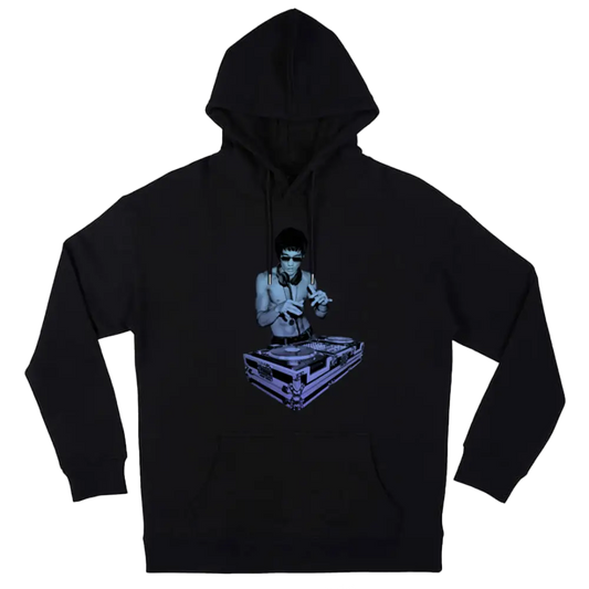 Black hoodie sweatshirt featuring a blue-tinted DJ graphic inspired by Bruce Lee