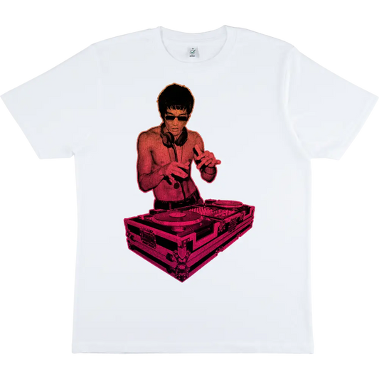 White DJ Bruce Multicolour T-Shirt with pink and black design and turntable equipment