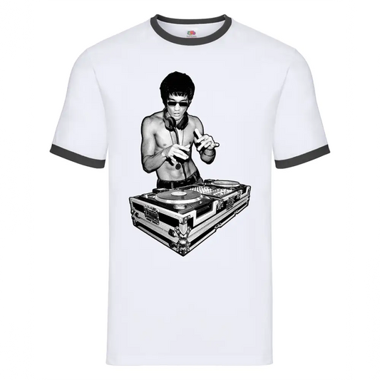 White ringer t-shirt with black trim featuring Bruce Lee martial artist DJ design