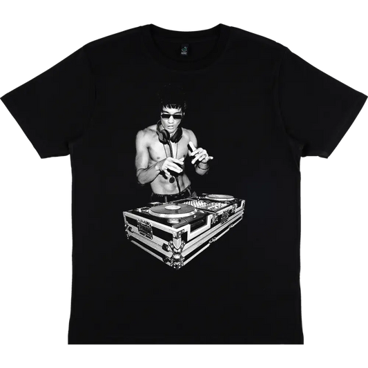 Black DJ Bruce T-Shirt featuring black and white DJ photograph with turntables