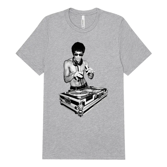 Grey DJ Bruce T-Shirt featuring a Bruce Lee-inspired martial artist graphic design