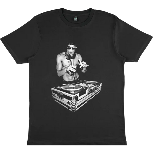 Black t-shirt with a DJ design paying homage to Bruce Lee for music lovers