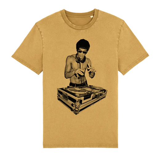 Tan DJ Bruce T-Shirt in Vintage Ochre with black and white graphic of DJ at turntables