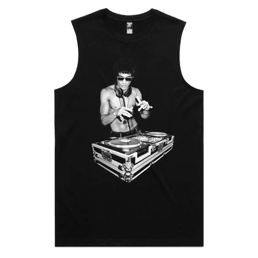 Black sleeveless DJ Bruce Tank featuring a black and white turntable design