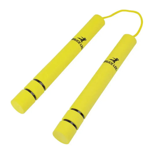 Yellow foam nunchucks with black stripes for martial arts, inspired by Bruce Lee