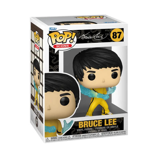 Bruce Lee Funko Pop vinyl figure #87 in yellow jumpsuit striking a martial arts pose