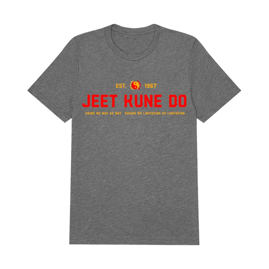 Gray Jun Fan Gong Gym T-Shirt featuring bold red and yellow JEET KUNE DO text