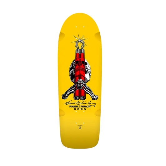 Yellow Powell Peralta skateboard deck featuring Bruce Lee graphic in upside-down pose