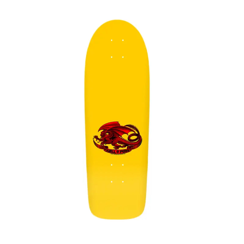 Yellow Powell Peralta skateboard deck featuring Bruce Lee’s red and black logo design