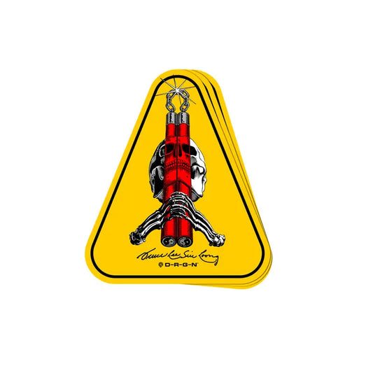 Yellow warning sign with red figure for Powell Peralta Skull & Nunchucks Bruce Lee Collab