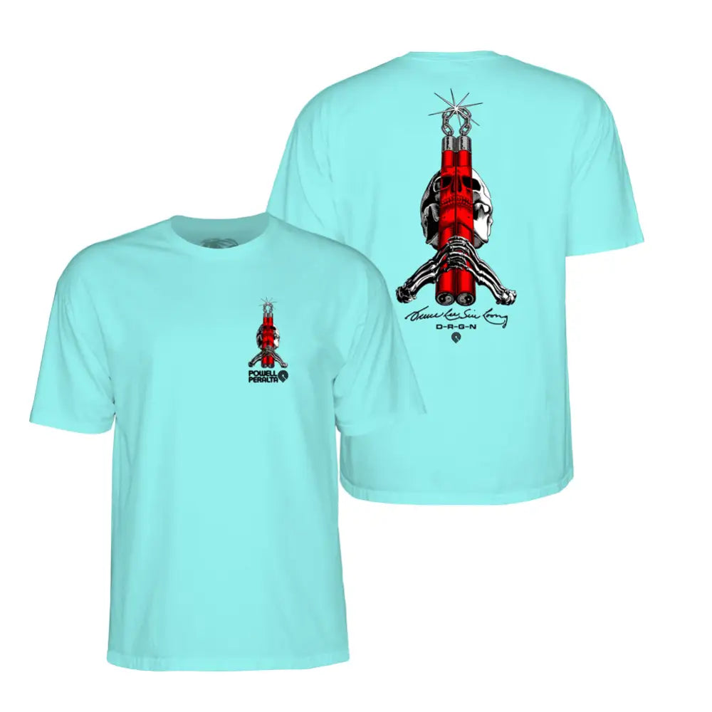 Light blue Powell Peralta Bruce Lee collaboration t-shirt featuring red lobster artwork