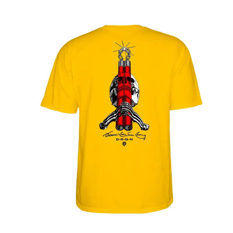 Yellow Powell Peralta T-shirt featuring Bruce Lee graphic design on the back