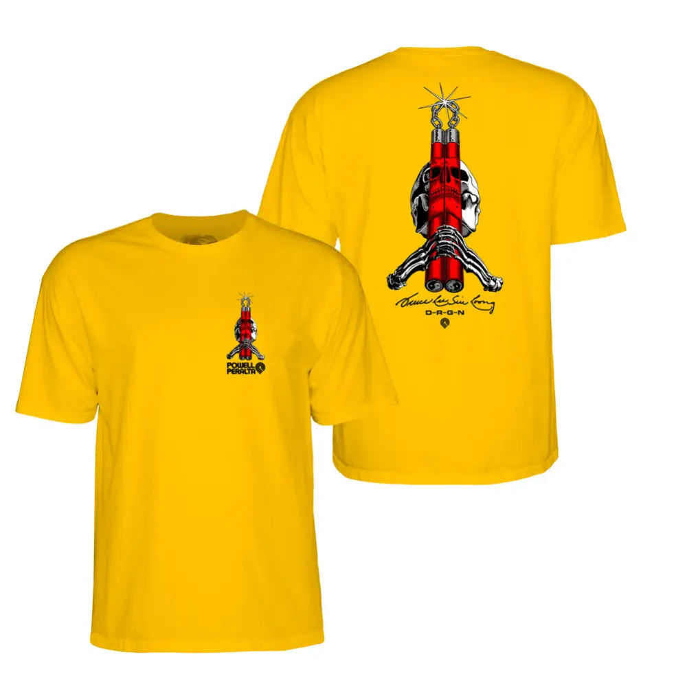 Yellow Powell Peralta T-shirt featuring Bruce Lee rocket artwork front and back