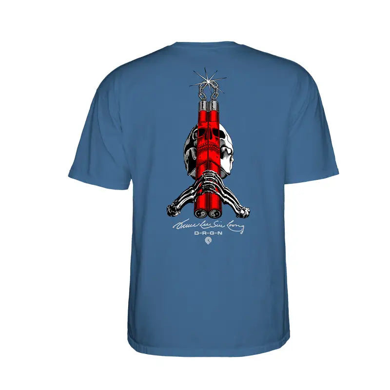 Blue T-shirt with red robot design, part of Powell Peralta Bruce Lee collab