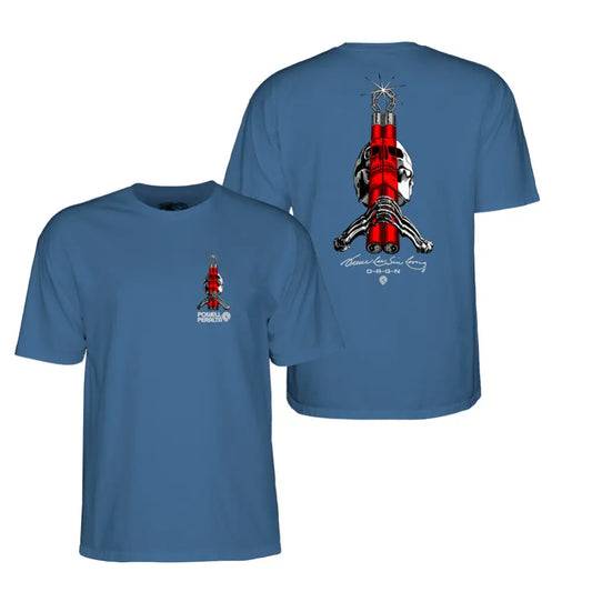 Light blue Powell Peralta Bruce Lee t-shirt featuring a red rocket design front and back