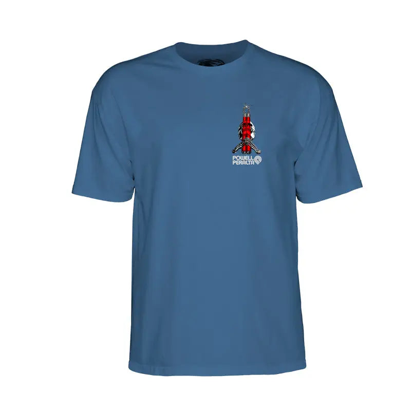 Light blue Powell Peralta Bruce Lee collab t-shirt with red cartoon graphic