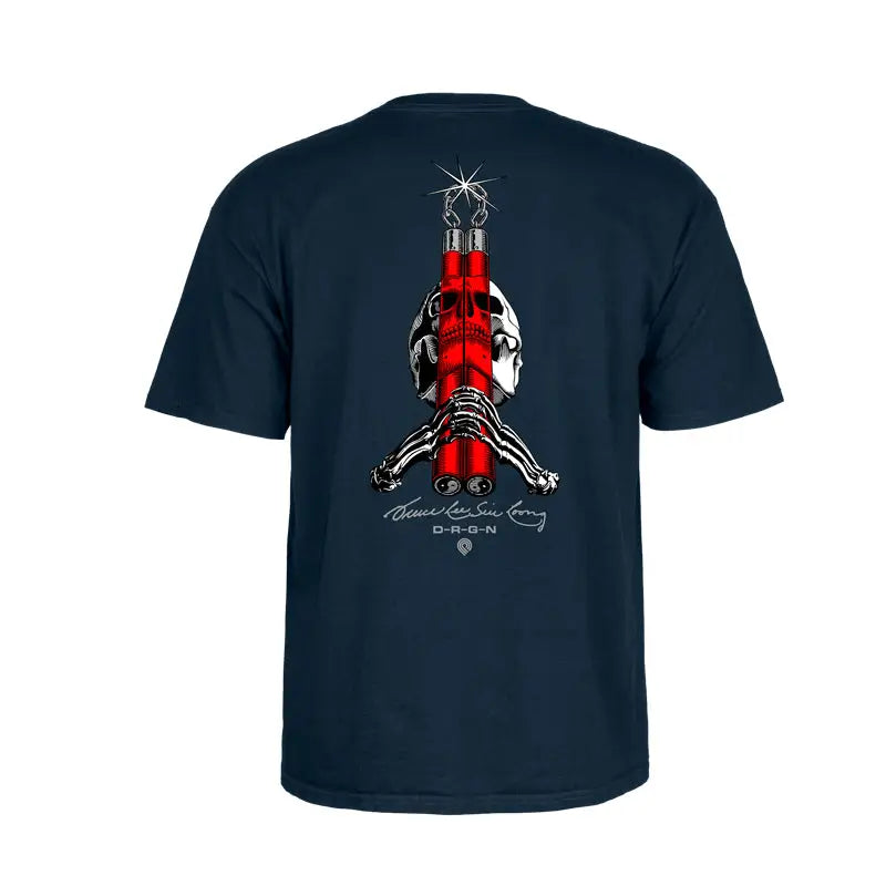 Navy t-shirt with red and white skeleton design, Powell Peralta Bruce Lee collab